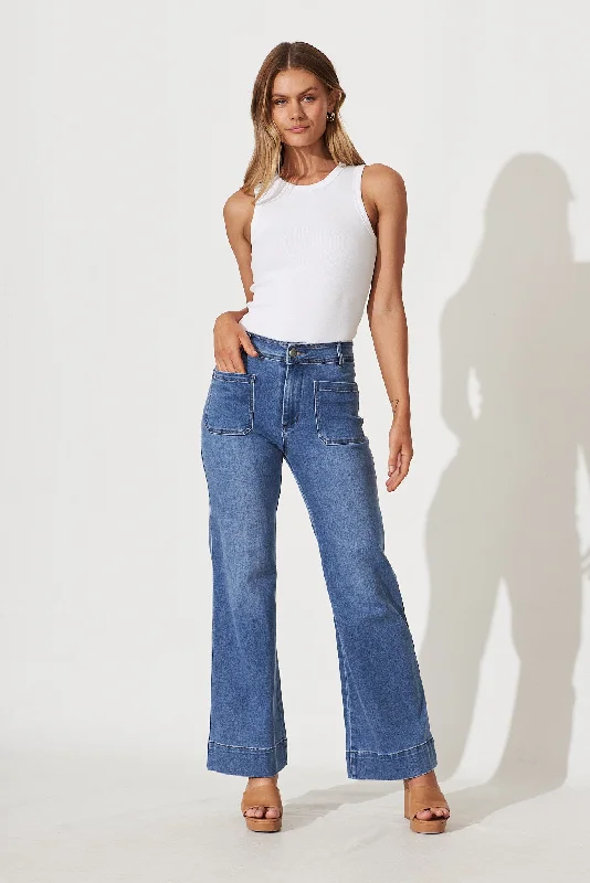 Juanita High Rise Wide Leg Jean In Mid Blue Denim