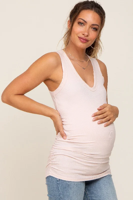 light-pink-ribbed-sleeveless-ruched-maternity-tank-top