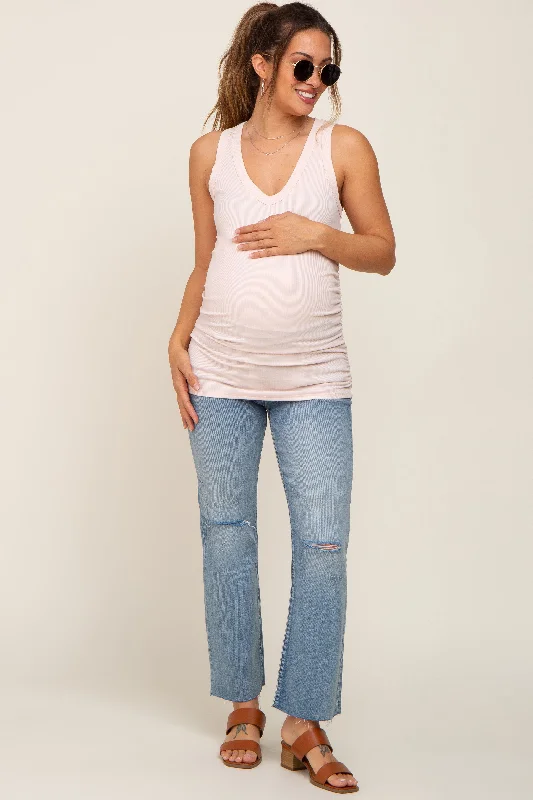 light-pink-ribbed-sleeveless-ruched-maternity-tank-top