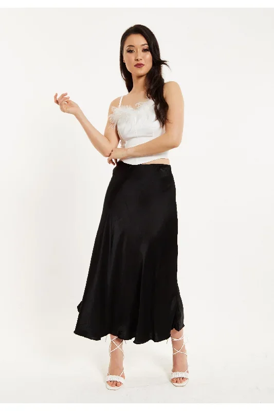 Liquorish Bias Cut Black Satin Skirt