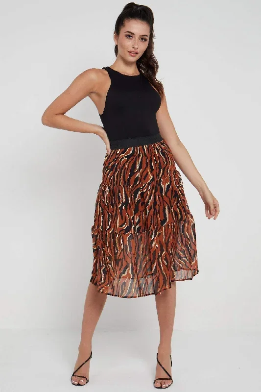 LOVE SUNSHINE Rust Zebra Printed Gold Striped Tiered Midi Skirt