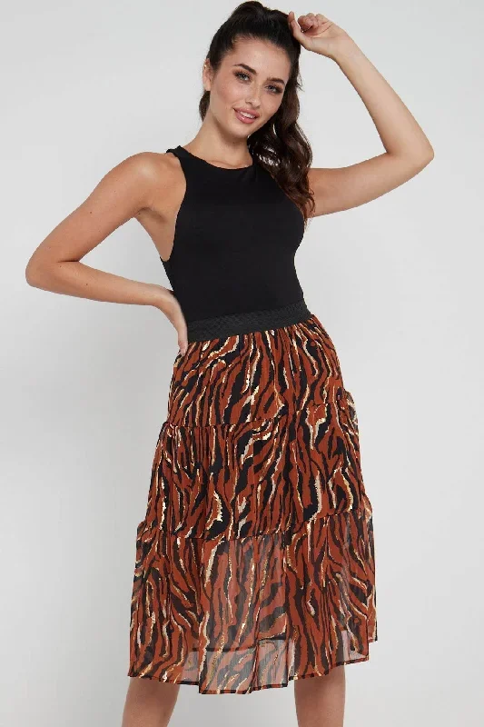 love-sunshine-rust-zebra-printed-gold-striped-tiered-midi-skirt