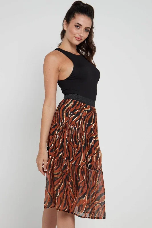 love-sunshine-rust-zebra-printed-gold-striped-tiered-midi-skirt