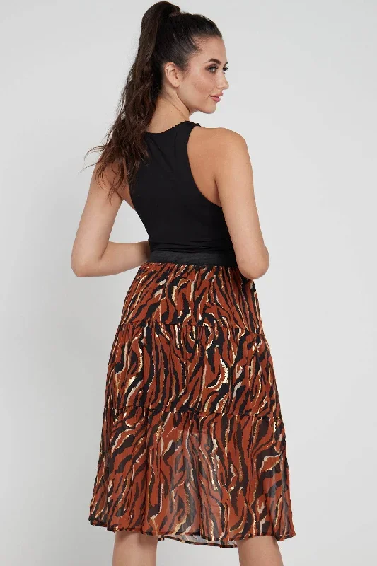 love-sunshine-rust-zebra-printed-gold-striped-tiered-midi-skirt