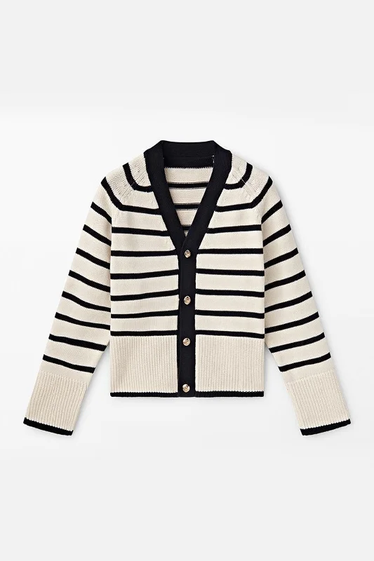 Contrast Stripe V-neck Knit Cardigan