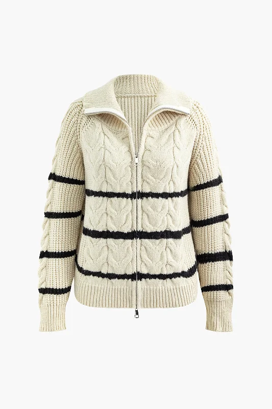 Contrast Stripe Zipper Collar Cable Knit Sweater