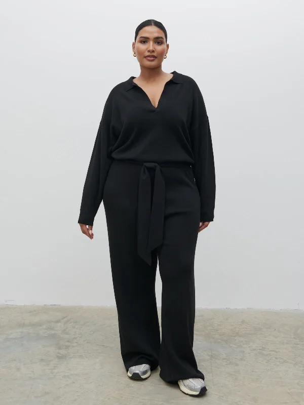 Meg Belted Knit Jumpsuit Curve - Black