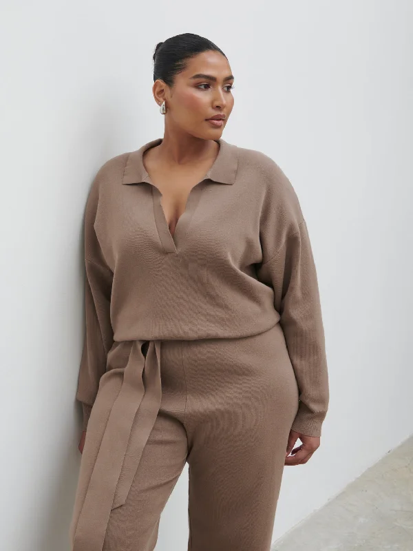 Meg Belted Knit Jumpsuit Curve - Taupe