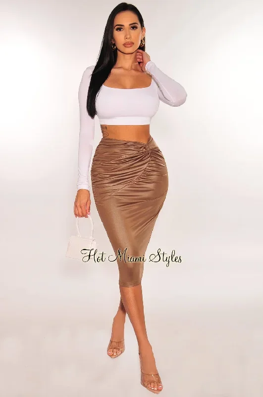 Mocha Faux Leather Knotted Ruched Skirt