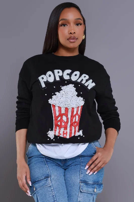 Movie Night Embellished Crewneck Sweatshirt - Black