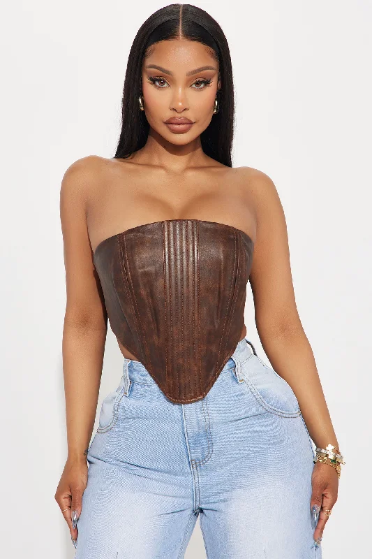 Out West Washed Faux Leather Corset Top - Brown