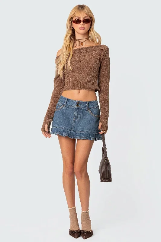 Pleated Hem Washed Denim Mini Skirt