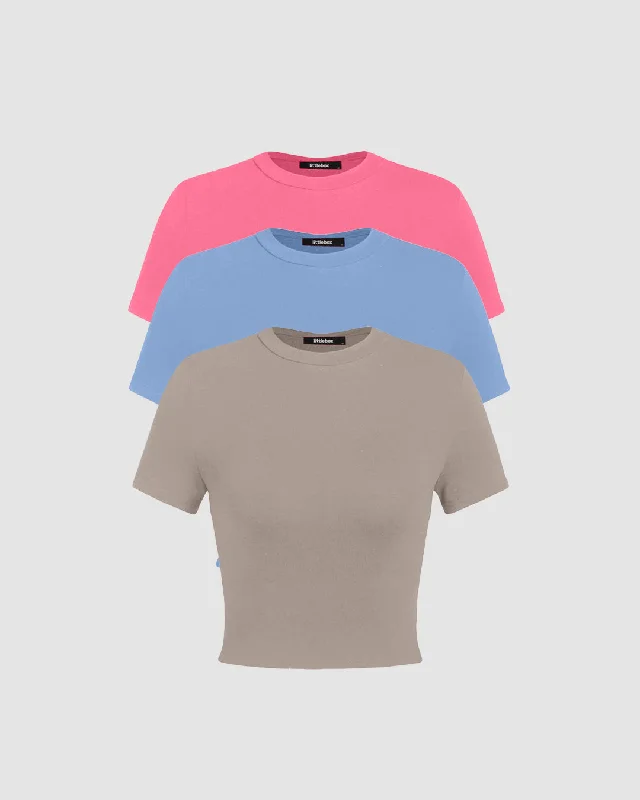 Set Of Three: Solid Round Neck Crop Tee In Grey, Blue And Pink