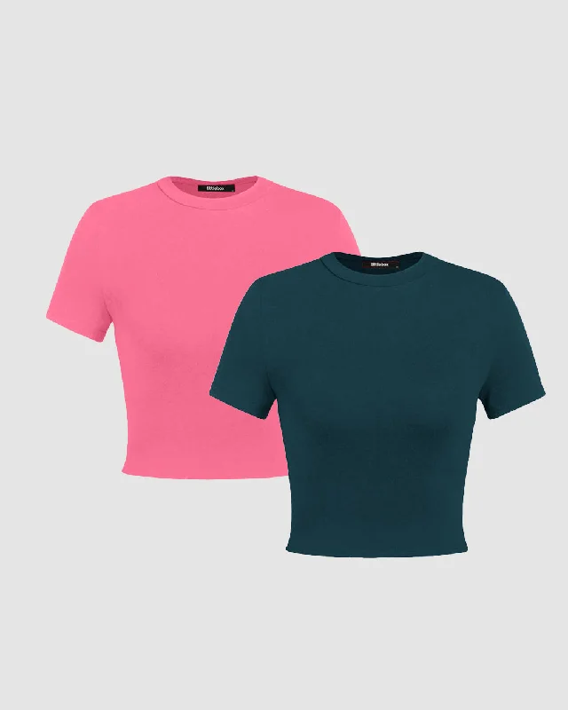 Set Of Two: Solid Round Neck Crop Tee In Dark Blue And Pink