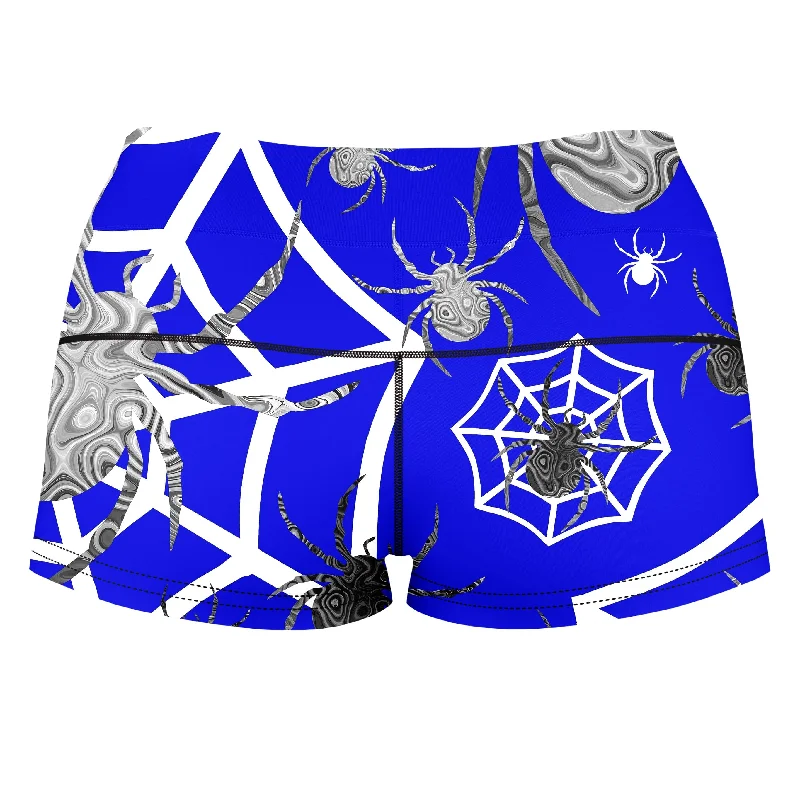 spider-webs-on-blue-high-waisted-womens-shorts