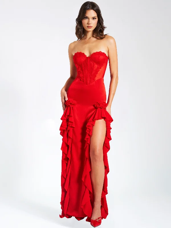 Talia Red Satin Lace Corset Maxi Dress