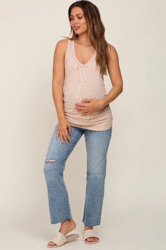 taupe-ribbed-sleeveless-ruched-maternity-tank-top