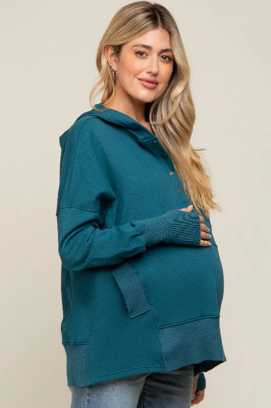 teal-button-front-ribbed-trim-maternity-hooded-sweatshirt