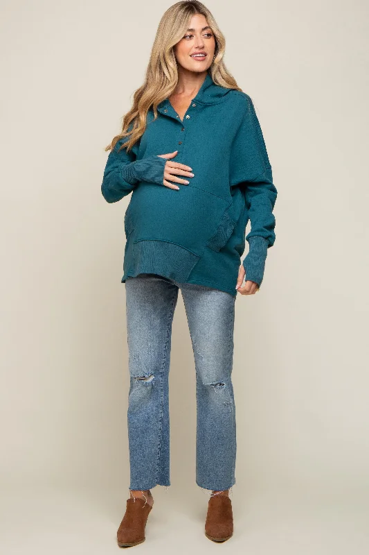 teal-button-front-ribbed-trim-maternity-hooded-sweatshirt