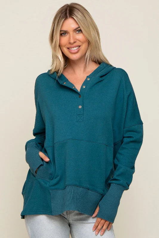 teal-button-front-ribbed-trim-maternity-hooded-sweatshirt