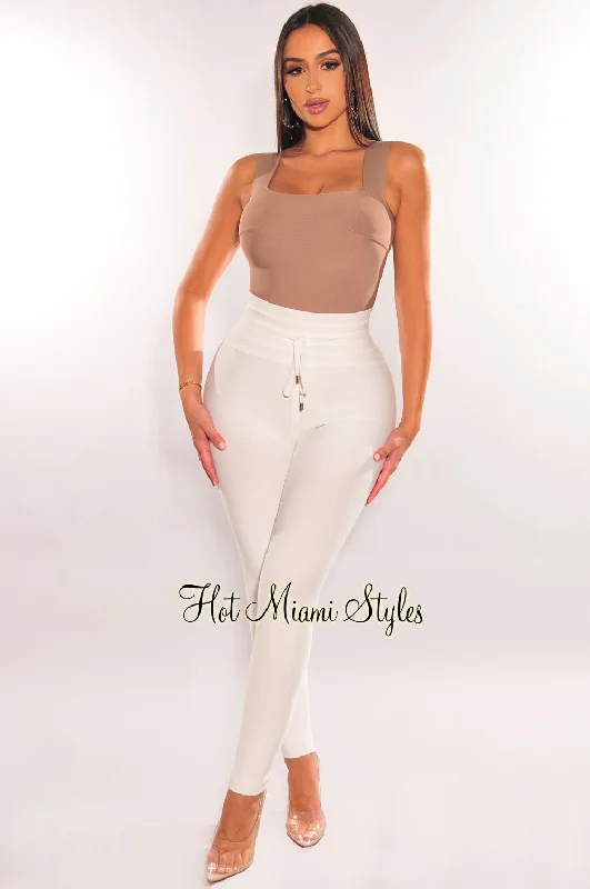 WAIST SNATCHED: White Bandage High Waist Belted Pants