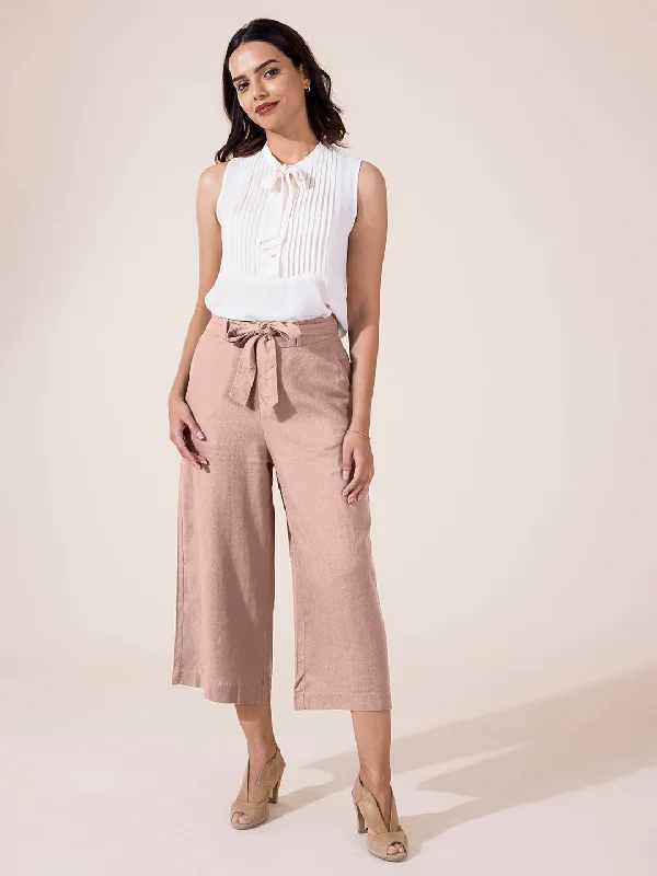 Women Solid Baby Pink Linen Mid Rise Culottes