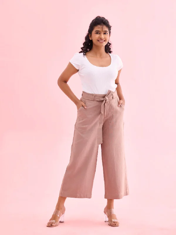 Women Solid Beige Linen Mid Rise Culottes