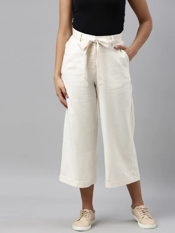 Women Solid Cream Linen Mid Rise Culottes